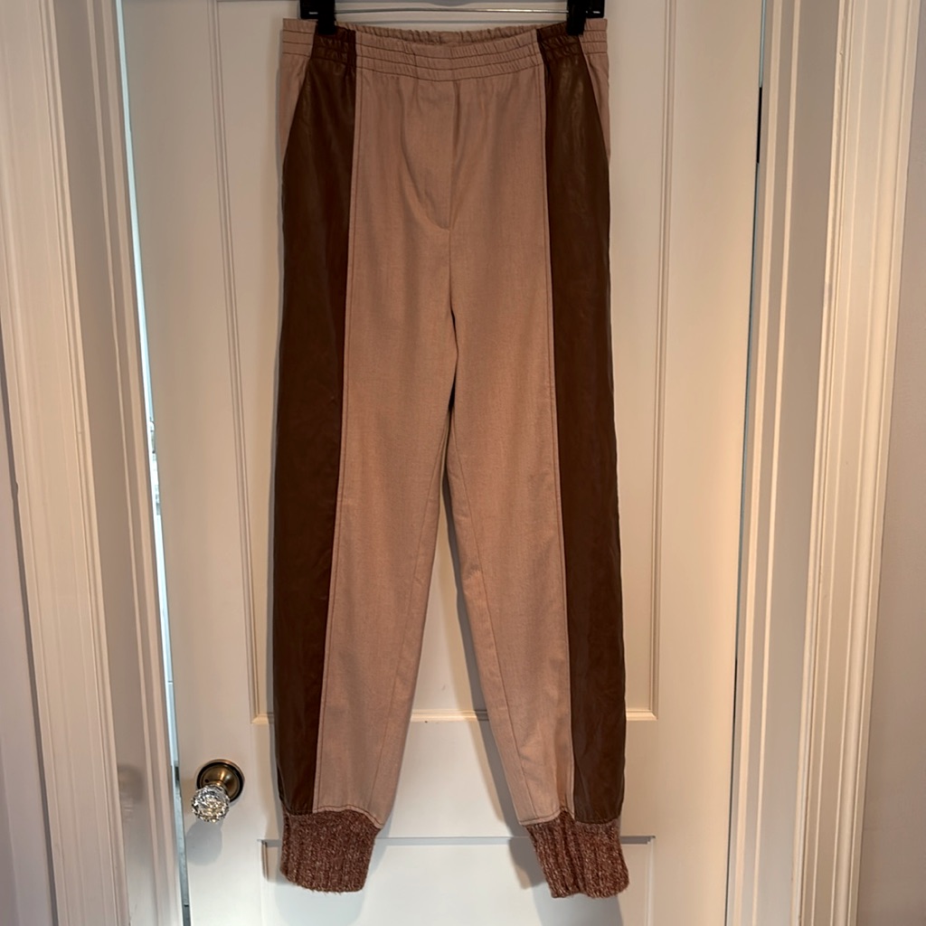 Rare Beatrice B Faux Leather Trimmed Joggers W/ Chunky Wool Blend Cuffs